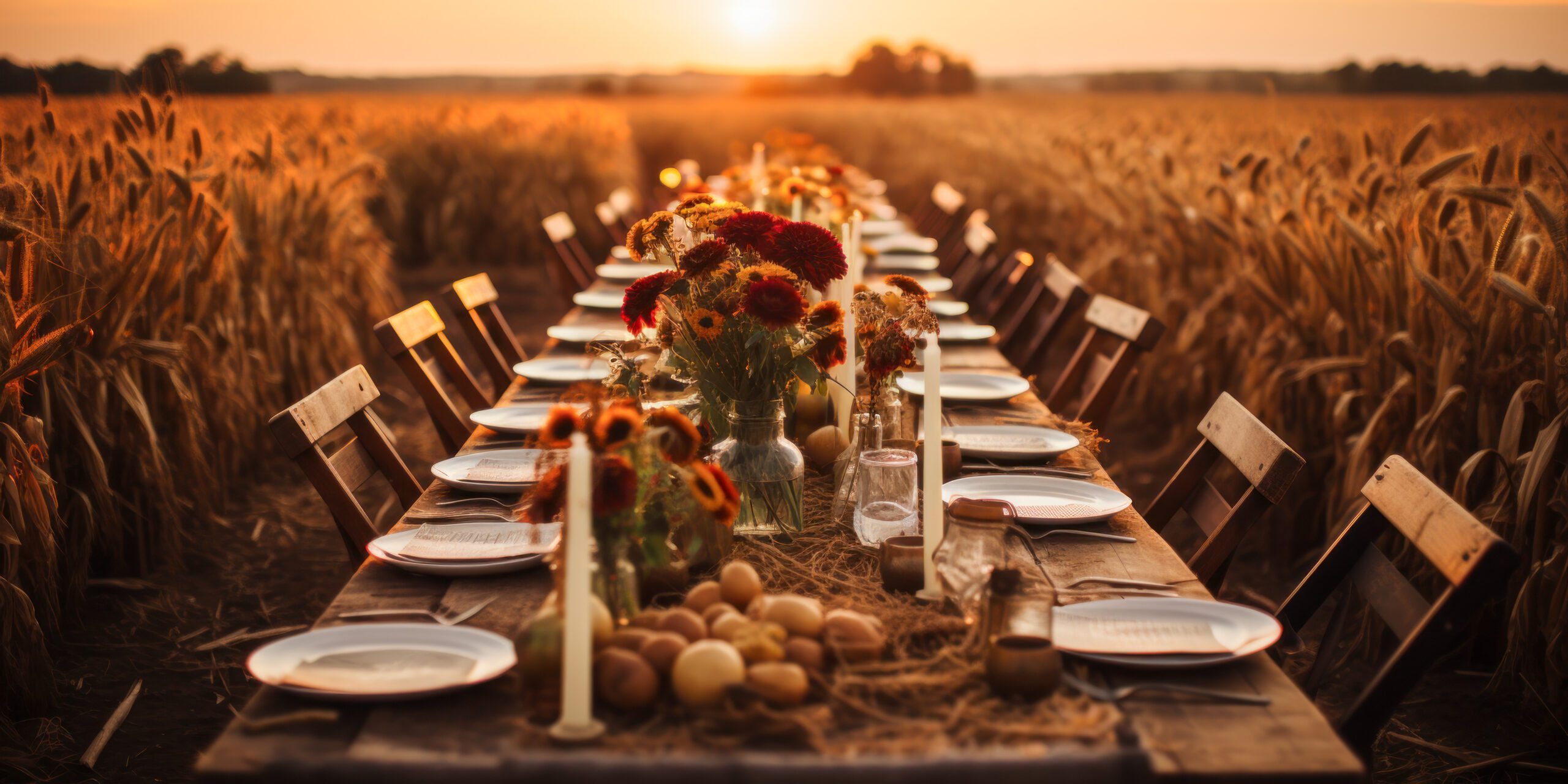 long banquet table setting, wheat field, fall harvest season, wide, rustic, fete party, outside dining tablescape