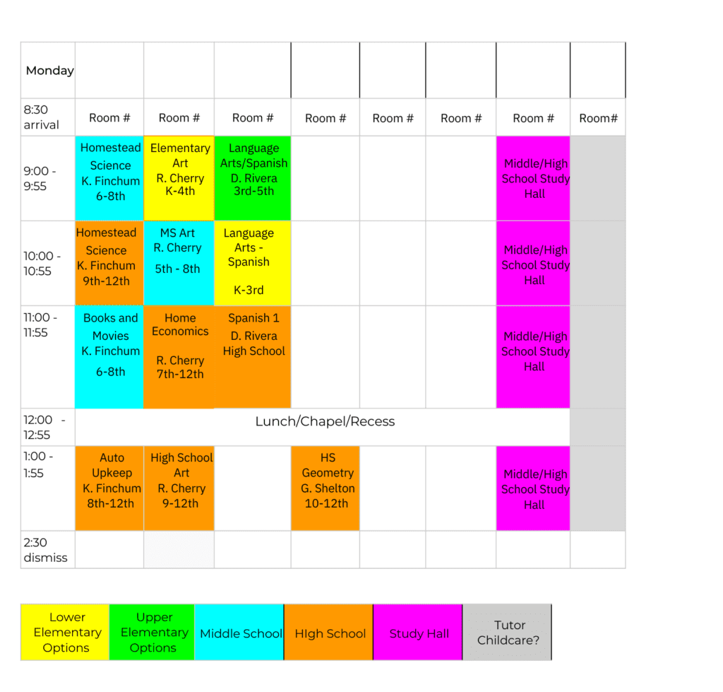 Spring 2025 Monday Daily Class Schedule