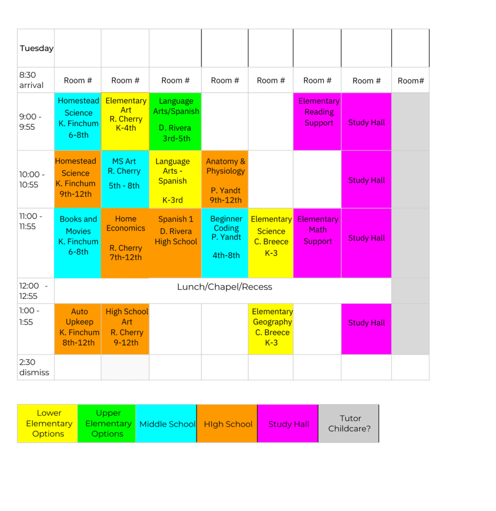 Spring 2025 Tuesday Daily Class Schedule